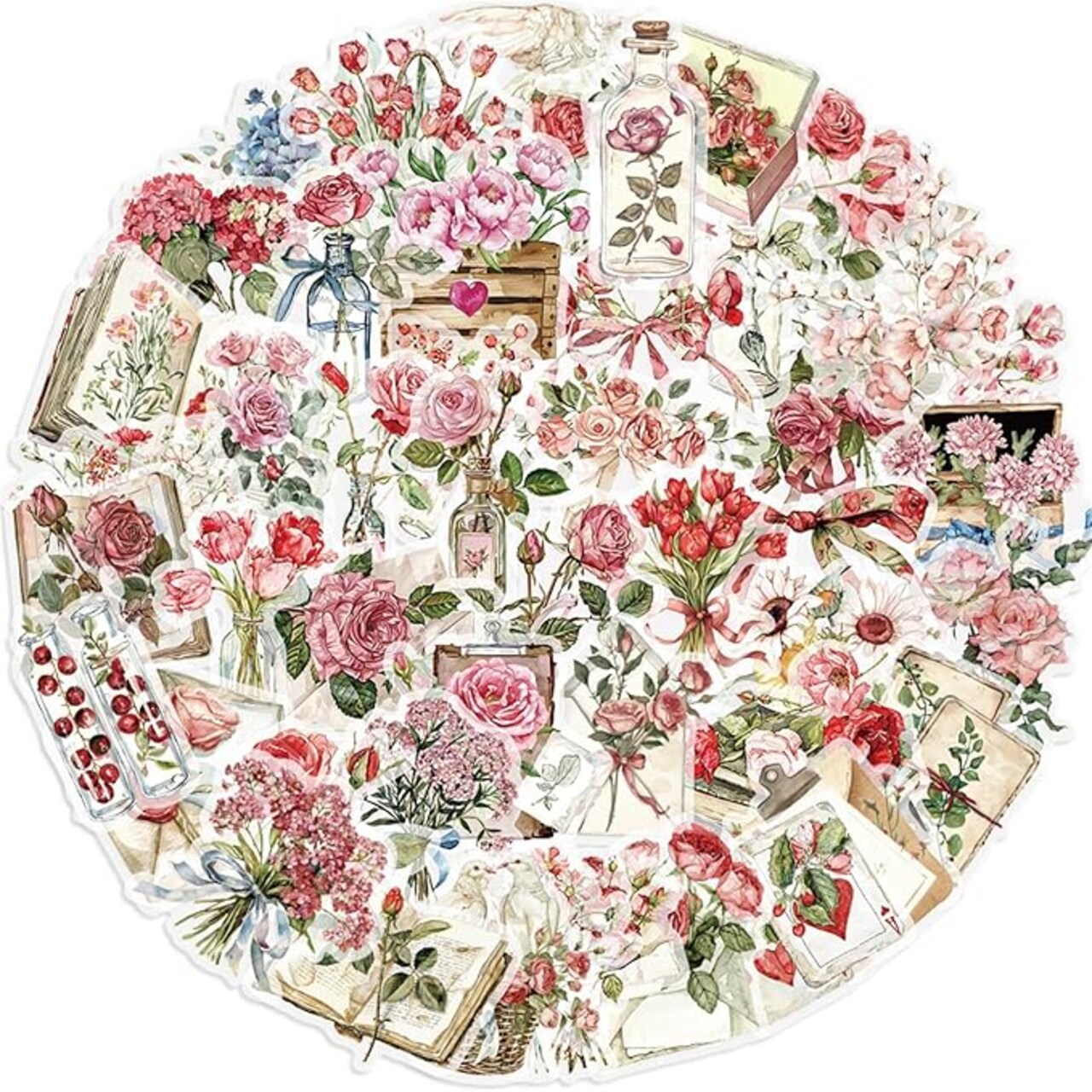 50 Pcs Roses & Books Scrapbooking Stickers - Waterproof Transparent Floral Decals - Aesthetic Clear Stickers for Journals, Planners, Envelopes, and Gift Decor